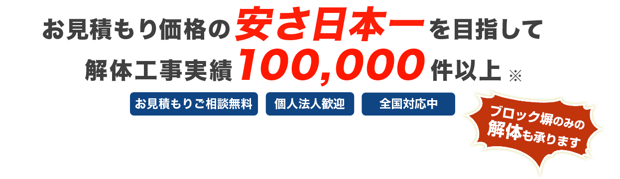 お見積もり価格の安さ日本一を目指して解体工事実績100,000件以上